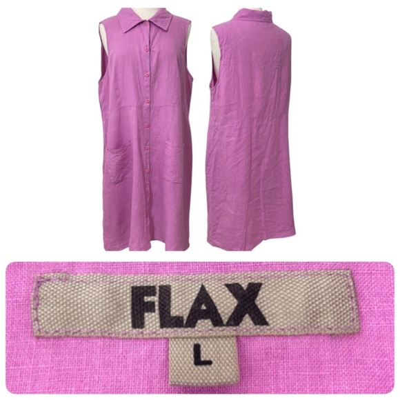FLAX 100% Linen Raspberry Button Front Shirt Dress w Collar Flowy Relaxed Fit - Picture 1 of 11